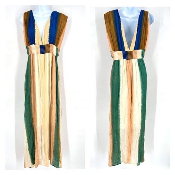 NWT Poof New York Womens Striped Colorblocked V Neck Maxi Dress Multicolor Large - Picture 2 of 10